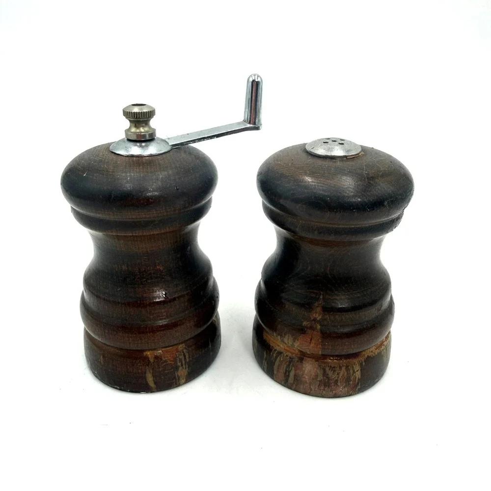 Salt Shaker Pepper Grinder Set 4in Dark Brown Wood Vintage Leeds‎ Engineering